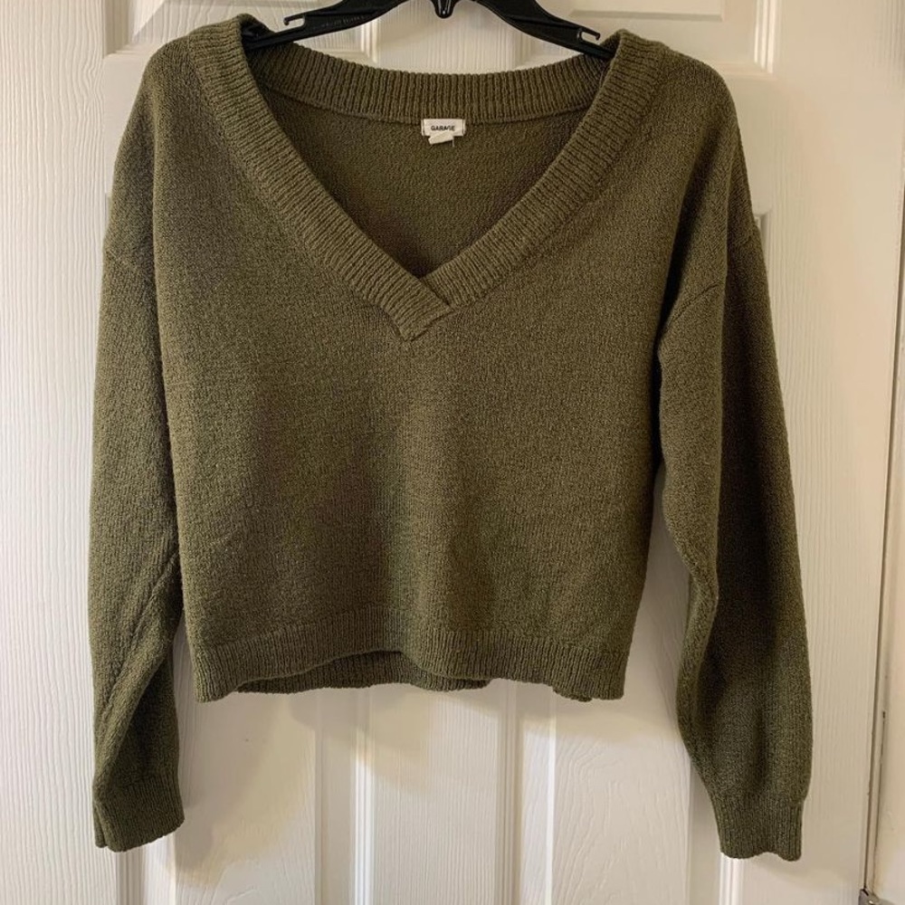Olive green v neck or off the shoulder sweater